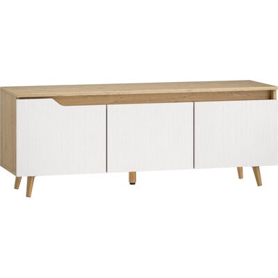 HOMCOM TV-Möbel 120 cm, TV-Möbel passend für Fernseher bis 140 cm mit 3 Türen, verstellbarem Regal, 4 Kabeldurchführungen und 5 Kiefernholzbeinen, TV-Bank für Wohnzimmer, Schlafzimmer, Eiche und Weiß Aosom HOMCOM TV-Möbel 120 cm, TV-Möbel passend für Fernseher bis 140 cm mit 3 Türen, verstellbarem Regal, 4 Kabeldurchführungen und 5 Kiefernholzbeinen, TV-Bank für Wohnzimmer, Schlafzimmer, Eiche und Weiß Aosom