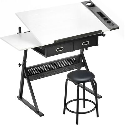 HOMCOM Zeichentisch mit Hocker Architektentisch höhenverstellbarer Arbeitstisch mit neigbarer Tischplatte und 2 Schubladen Schreibtisch Schülerschreibtisch für Architekt & Künstler, Weiß Aosom HOMCOM Zeichentisch mit Hocker Architektentisch höhenverstellbarer Arbeitstisch mit neigbarer Tischplatte und 2 Schubladen Schreibtisch Schülerschreibtisch für Architekt & Künstler, Weiß Aosom