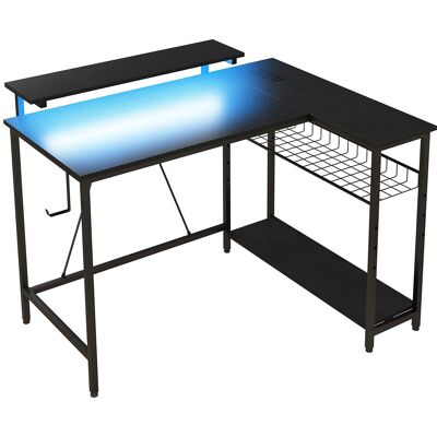 HOMCOM Schreibtisch L Form mit LED, Steckdosen, USB, Computertisch mit Regal Monitorständer & Haken Reversible Gaming Tisch Eckschreibtisch mit verstellbarem Korb für Büro, 107 x 80 x 90 cm, Schwarz Aosom HOMCOM Schreibtisch L Form mit LED, Steckdosen, USB, Computertisch mit Regal Monitorständer & Haken Reversible Gaming Tisch Eckschreibtisch mit verstellbarem Korb für Büro, 107 x 80 x 90 cm, Schwarz Aosom