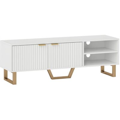 HOMCOM TV-Möbel Holz-TV-Bank für Fernseher bis 177,8 cm mit 2-türigem gerilltem Schrank, offenem Fach und Kabeldurchlässen, für Wohnzimmer Schlafzimmer, 140x39x47cm, weiß Aosom HOMCOM TV-Möbel Holz-TV-Bank für Fernseher bis 177,8 cm mit 2-türigem gerilltem Schrank, offenem Fach und Kabeldurchlässen, für Wohnzimmer Schlafzimmer, 140x39x47cm, weiß Aosom