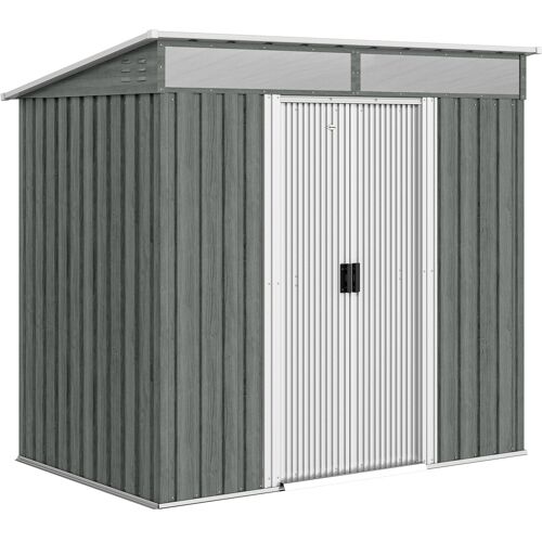Outsunny Gartenhaus 2 m² aus verzinktem Stahl mit Fundament-Kit, Lüftungsöffnungen, Geräteschuppen mit transparenten Fenstern, schräges Dach, abschließbare Schiebetür, 2 Haken, Hellgrau Aosom