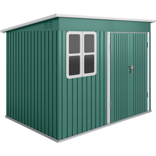 Outsunny Metall Gerätehaus 4,13 m² Geräteschuppen mit Fenster Pultdach Abschließbarer Breiter Tür Bodenrahmen 260 x 177 x 190 cm wetterfest Gartenhaus Outdoor Garten Schuppen für Außenbereich Grün Aosom