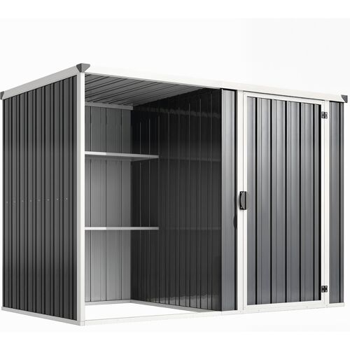 Outsunny Gartenschuppen 2,7 m² aus verzinktem Stahl, geteiltes Layout mit 2 Regalen, Gartenschuppen mit abschließbarer Tür, Schlüssel, schräges Dach, Handschuhe, Dunkelgrau Aosom