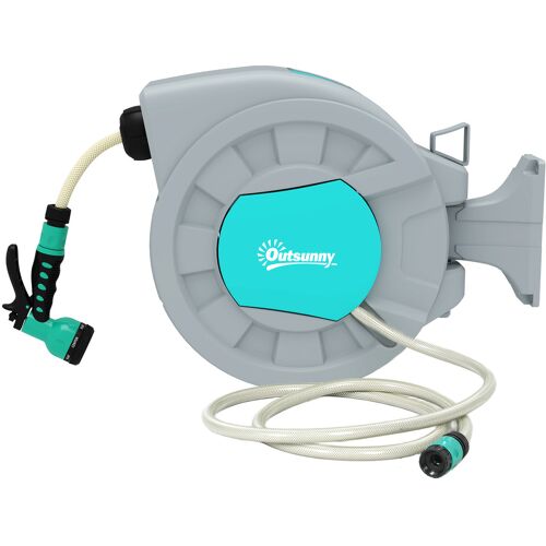 Outsunny Schlauchtrommel mit Gartenschlauch 30m, 180° schwenkbar Schlauchbox, Schlauchaufroller zur Wandmontage, Wasserschlauchaufroller mit automatische Aufrollung, 7-Funktionen Handbrause, Grün+Grau Aosom
