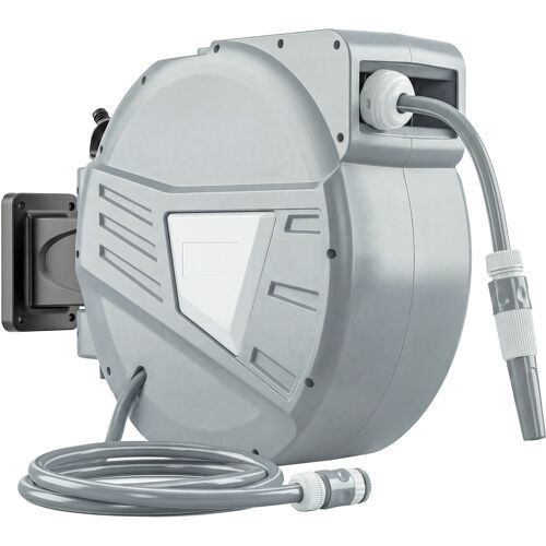 Outsunny Wand-Schlauchaufroller 20+1,6 m x Ø 15 mm, automatischer einziehbarer Schlauchaufroller, 180° schwenkbar, Verriegelungssystem, sanftes Rückrollen, Düse mit 2 Modi, Grau Aosom