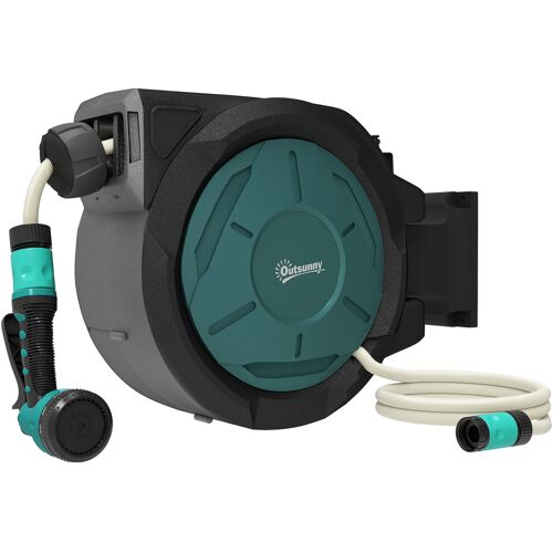 Outsunny Wand-Schlauchaufroller 25 m x Ø 15 mm, automatischer Rücklauf, 180° schwenkbar, 7 Düsenmodi, für Garten und Autowäsche, grün Aosom