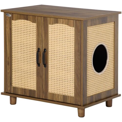 PawHut Katzenschrank für Katzentoilette Katzenklo Katzenhaus mit Magnettüren Katzenkommode Schrank Spanplatte PE-Rattan Walnuss 70 x 48 x 68 cm