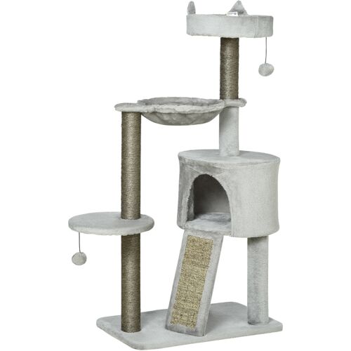 PawHut Kratzbaum Katze Katzenkratzbaum Katzenbaum mit Katzenhöhle Sisalsäule Spielbaum mit Rampe Katzenspielzeug Hellgrau 113 cm