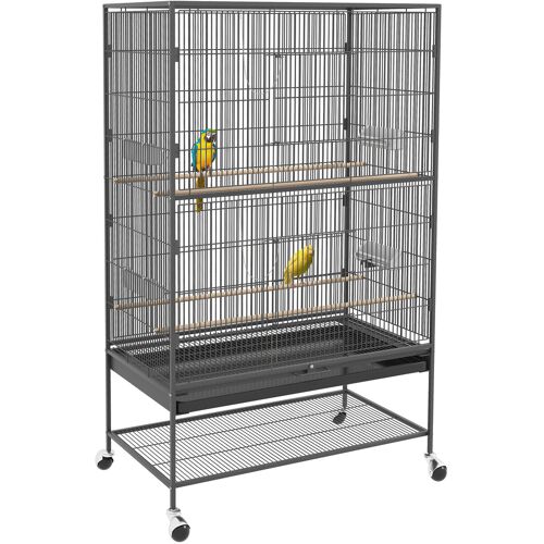 PawHut Vogelkäfig Vogelbauer Vogelvoliere mit Sitzstangen, Vogelhaus mit Ablage, Bodenwanne, Voliere mit Türen, Rollen, Grau, 94 x 57 x 153 cm