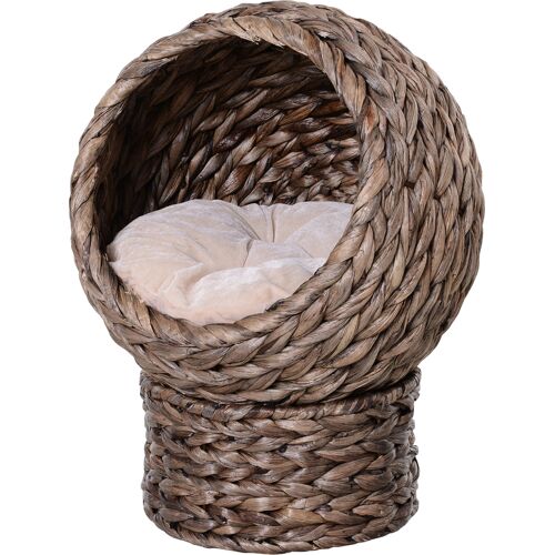 PawHut Rattan Katzenkorb Katzenhöhle Katzenhütte Katzenbett mit Kissen Haustierbett Wasserhyazinthe Dunkelbraun 42 x 33 x 52 cm