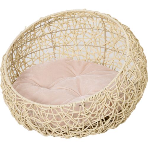 PawHut Katzenbett aus Rattan  Bequeme Katzenhöhle mit Kissen, Katzenkorb & Hundebett, Beige, Ø56x35cm  Aosom.de