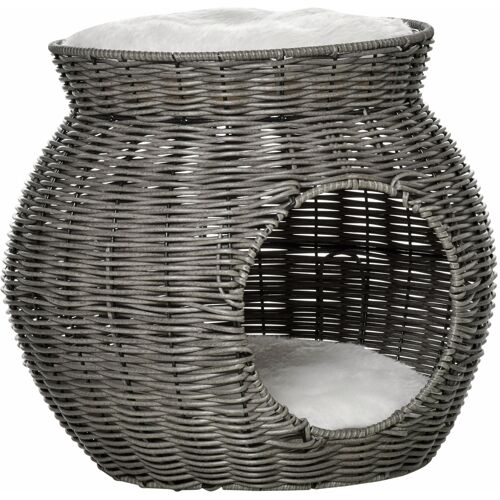 Pawhut Rattan Katzenkorb zweistöckiges Katzenbett Katzenhöhle Katzenturm mit 2 Kissen Liegedach Dunkelgrau Ø50 x 43,5 cm