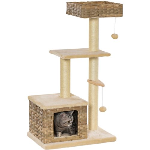 PawHut Rattan Katzenbaum  Kratzbaum mit Katzenhöhle, Ballspielzeug, Sisal & weichem Plüsch, 108 cm, Braun+Beige  Aosom.de