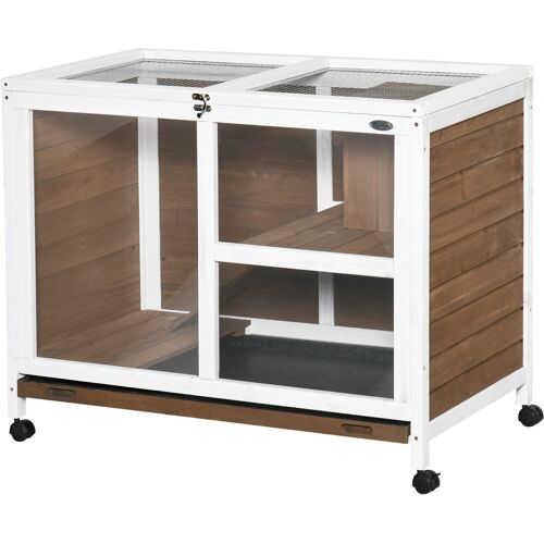 PawHut Kaninchenkäfig Kaninchenstall auf Rollen Kleintiergehege aus Massivholz 2 Etagen aufklappbares Dach Plattformen 91,5 x 53,3 x 73 cm braun Aosom