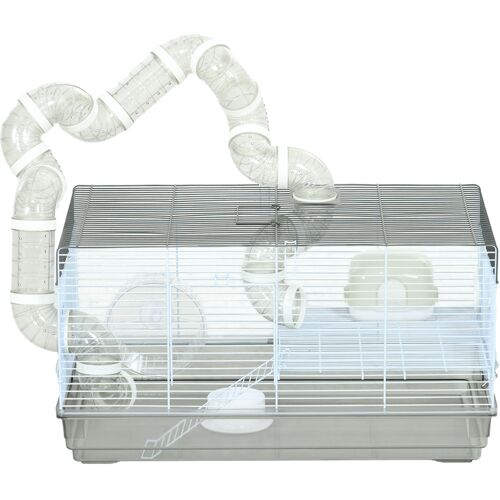 PawHut Hamsterkäfig, Nagerkäfig, mit Tunnel und Zubehör inklusive, Käfig für Hamster, Griff, Stahlgitter, 58 x 32 x 31 cm, grau Aosom