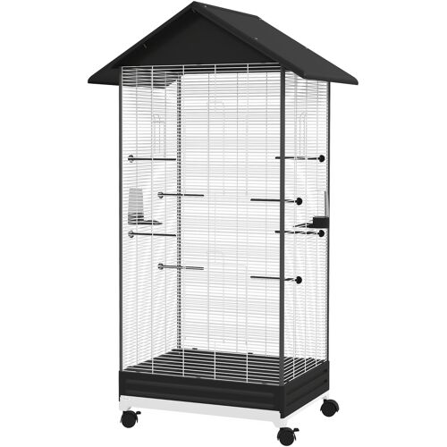 PawHut Vogelkäfig auf Rädern, freistehender Innen-Voliere für Vögel, mit herausziehbarem Tablett, 2 Futternäpfen und 8 Sitzstangen, für Finken und Kanarienvögel, 79 x 65 x 155 cm, Stahldraht, Schwarz Aosom
