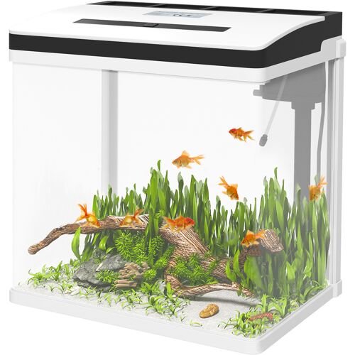 PawHut Aquarium aus Glas mit Filter, Deckel und LED-Licht für Fische, Fassungsvermögen 28L, 38 x 26 x 39,5 cm, Weiß Aosom