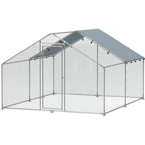 PawHut Hühnergehege, großes Hühnergehege 10,2 m², Hühnergefängnis mit wasserdichter und UV-beständiger Abdeckung, verriegelbare Tür, verzinkter Stahlkäfig, Voliere für 10-15 Hühner, 3 x 3,4 x 1,9 m, Silber Aosom