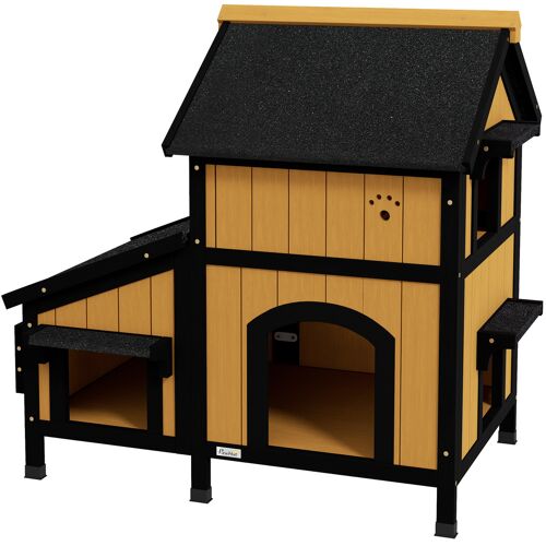 PawHut Katzenhaus, Tannenholz, Katzenhütte mit mehreren Eingängen, 2 Etagen, Katzenhöhle für draußen, Kleintierhaus mit Asphaltadach, Blumenkasten, winterfest, Erhöhtes Design, Gelb, 96 x 65 x 85,5 cm Aosom