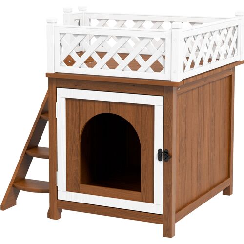 PawHut Katzenhöhle, Katzenhütte aus Tannenholz, Katzenhaus mit Balkon, Treppe, für Katzen, Kaninchen bis 6 kg, Indoor, Outdoor 67,5 x 63 x 68,5 cm, Braun Aosom