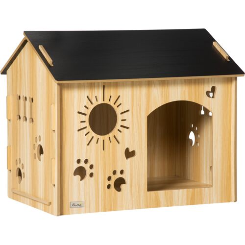 PawHut Hundehütte aus Holz Kleintierhaus mit Lüftungsöffnungen 69 x 50 x 58,5 cm, Hundehaus mit Dach, Indoor MDF Eiche Schwarz Aosom.de
