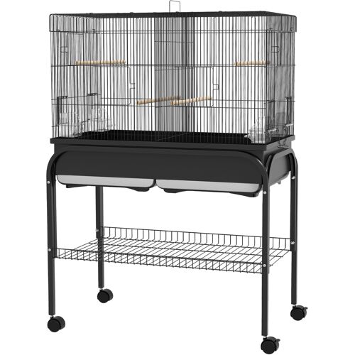 PawHut Großer Vogelkäfig, Papageienkäfig, Vogelvoliere für innen und außen, mit Ständer, Rollen für Kakadus Wellensittiche Kanarienvögel Papageien, Stahl, 85 x 49 x 119 cm, schwarz Aosom