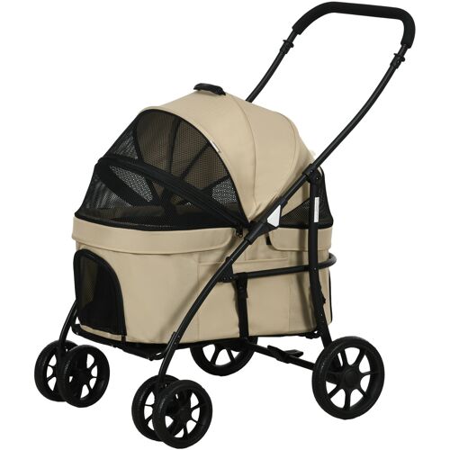 PawHut Hundekinderwagen und Katzenkinderwagen 2 in 1, klappbarer Wagen für Katzenwelpen mit abnehmbarer Wanne, Kissen, Sicherheitsgurt, bis zu 10 kg, Stahl 81 x 68 x 98,5 cm, Khaki Aosom