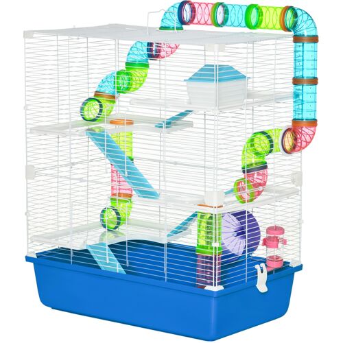 PawHut Hamsterkäfig mit 5 Ebenen, Röhren, Hochhaus, Wassertank, Rampen, Napf, Plattformen und Rad, Nagetierkäfig mit 2 Stahlgriffen, PP und PS, 59x36x69 cm, Blau Aosom