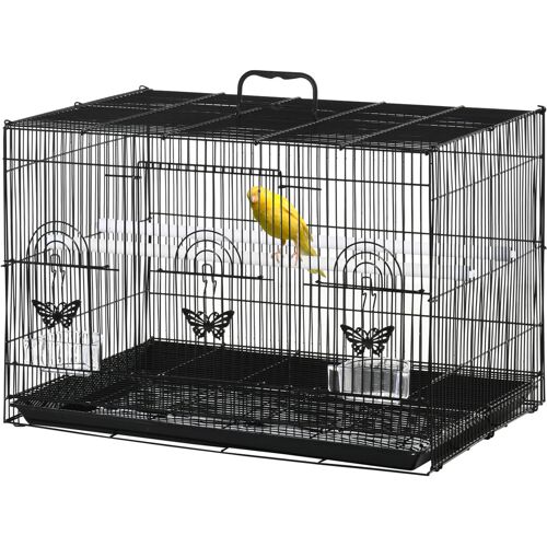 PawHut Vogelkäfig mit 2 Sitzstangen und 3 Eingängen, Voliere für Vögel mit Tablett und 2 Futternäpfen, aus Draht und Kunststoff, 60x41x41 cm, Schwarz Aosom