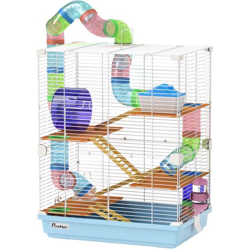 PawHut Hamsterkäfig mit 5 Etagen inkl. Röhren, Rad, Leitern, Häuschen und Flasche, Nagerkäfig aus Metall, PP und PS, 46x30x58 cm, Blau Aosom
