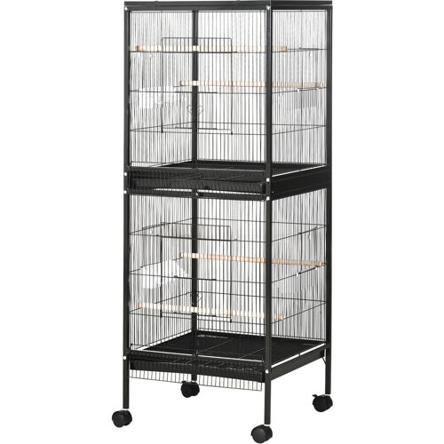 PawHut Vogelkäfig 2 in 1 Voliere für Innenbereich mit 4 Drehbaren Rädern, Herausnehmbaren Schubladen und Kunststoffbehältern, 51,5x50x140 cm, Schwarz Aosom