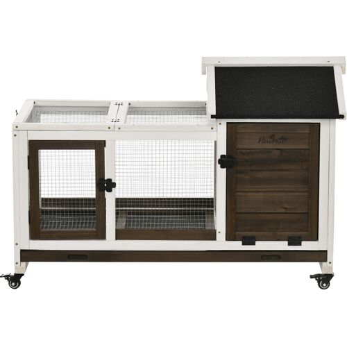 PawHut Zwergkaninchenstall aus Holz, 108 x 58 x 73,5 cm Kleintierstall mit Freilaufgehege, Rädern, Klappdach, Zwergkaninchenkäfig mit Ausziehbarem Tablett für Indoor, Outdoor, Kaffee Aosom