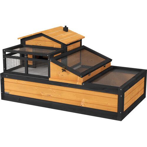 PawHut Schildkrötenhaus aus Holz, Schildkrötengehege mit zwei Ebenen, aufklappbarem Oberseite, Balkon, Reptilienkäfig Outdoor für Kleintiere 112 x 65 x 60 cm, Gelb Aosom