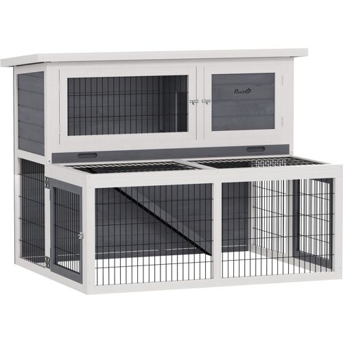 PawHut Hasenstall 2 Ebenen mit klappbar Dach Kaninchenstall aus Vollholz Winterfest Doppelstockhaus mit Freilaufgehege 122x95x93,5 cm Kaninchenkäfig Outdoor Kleintierstall für Hasen Kaninchen Grau Aosom