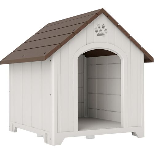 PawHut Hundehütte für draußen, wasserdichtes Hundehäuschen aus Kunststoff für große Hunde mit 2 Fenstern, erhöhte Basis, Erdnägel, einfach zu montieren, 88x79x89 cm, Dunkelbraun Aosom
