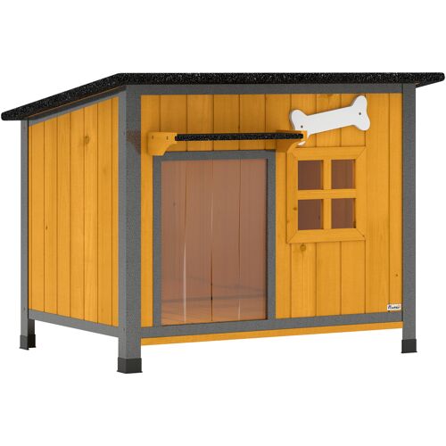 PawHut Außenhütte für Hunde aus Holz und Stahl, bissfest, erhöhtes Hundehäuschen mit aufklappbarem Satteldach und wasserdichtem Schutz, herausnehmbarer Boden, Türvorhang, Vordach, 84.5x62x65 cm Aosom