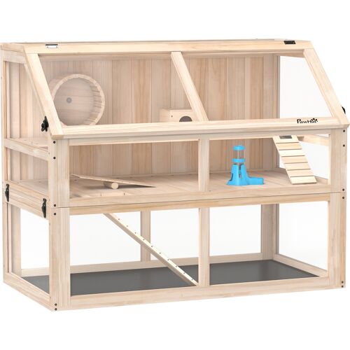 PawHut Hamsterkäfig aus Holz 3 Etagen 95 x 53 x 76 cm Nagerkäfig Kleintierkäfig mit Wippe Laufrad Hütte tiefem Untergeschoss Mäusekäfig für Zwerghamster Naturholz Aosom