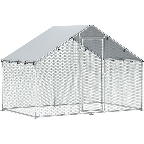 PawHut Hühnerstall Freilaufgehege 3x1,7x1,9 m mit Schloss Verzinkter Stahl Hühnerhaus mit Wasserdichtem, Anti-UV Dach Freigehege Outdoor Geflügelstall für Hühnerkäfig, Kleintiere, Pflanzen Silber Aosom