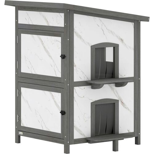 PawHut Katzenhaus aus Holz, 2-stöckiges Outdoor Isolierte Katzenhütte mit Fenster, mehreren Türen, wasserabweisend Dach, Katzenhöhle Katzenbox für Draußen, 60 x 60 x 88 cm, Weiß Aosom