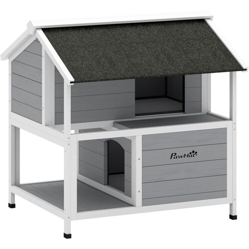PawHut Katzenhaus aus Holz, Isolierte Katzenhöhle mit zu öffnendem Dach, herausnehmbarem Kissen, wetterfest Katzenhütte Katzenkiste Katzenbox für Draußen, 80 x 93 x 95 cm, Grau Aosom