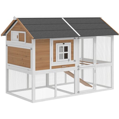 PawHut Hühnerstall Hühnerhaus mit Auslauf Nistkasten für 4 Hühner 200 x 104 x 145 cm Hühnervoliere aus Holz mit herausziehbarem Tablett wasserdichtem Asphaltdach Rampe, Braun Aosom