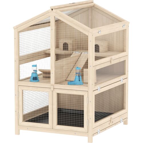 PawHut Hamsterkäfig aus Holz 3 Etagen 68 x 61,5 x 90 cm Nagerkäfig Kleintierkäfig mit Hütten Wippen Rampen Wasserschalen Mäusekäfig für Kleintiere Naturholz Aosom