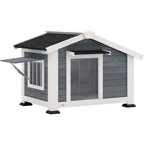 PawHut Hundehütte wetterfestes Hundehaus aus Holz mit herausnehmbarem Boden Asphaltdach öffnendem Fenster Türvorhang 98 x 76 x 69,5 cm Outdoor Hütte für mittelgroße Hunde bis 20 kg Indoor Outdoor Grau Aosom