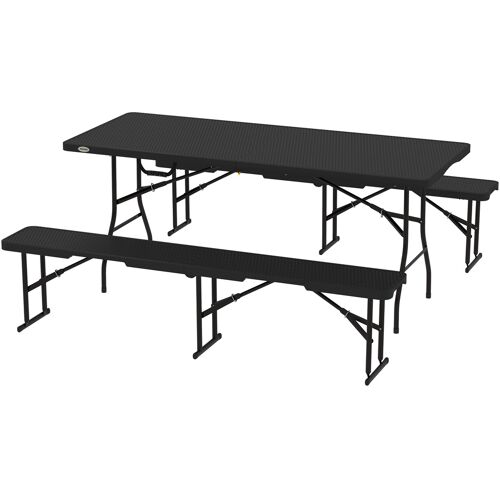 Outsunny Bierzeltgarnitur 3-teiliges Set Klappbar Campingtisch, 2 Bierbank mit Tragegriff, Rattanoptik, Biertischgarnitur Festzeltgarnitur für Balkon, Partyzelt, Garten 180 x 74 x 74 cm Aosom