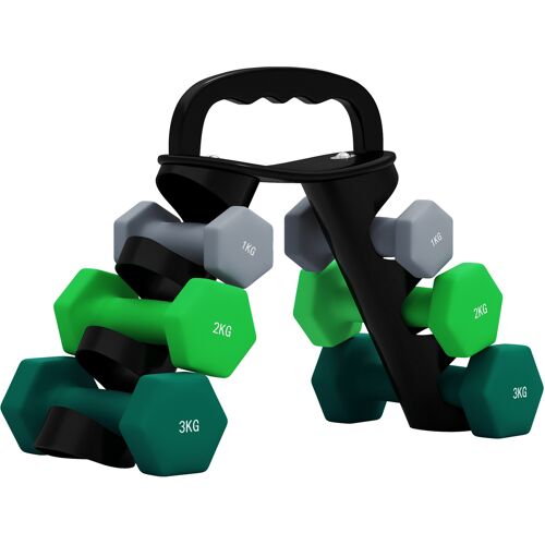SPORTNOW Hanteln Set 6 Kurzhanteln mit Klappbarem Hantelständer, 2 x 1kg, 2 x 2kg, 2 x 3kg Hexagon-Hanteln, Kugelhantel für Fitness, Gymnastik, Zuhause Aosom