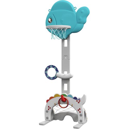 AIYAPLAY Kinder Basketballkorb 5-in-1, höhenverstellbar 134-152 cm, Fußballtor, Golfschläger und Ringwurf, Mini Basketballkorb für Kinder von 3-6 Jahren, Blau und Grau Aosom