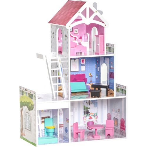 HOMCOM Puppenhaus aus Holz  Puppenstube mit Möbeln & Zubehör, 3 Etagen, für Kinder ab 3 Jahren, Rosa, 60x29x85cm  Aosom.de