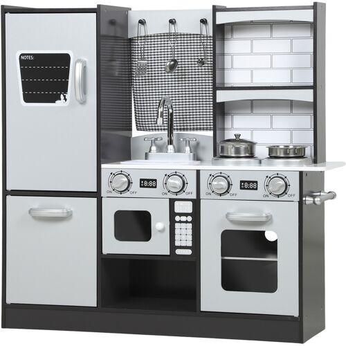 AIYAPLAY Holz-Spielküche mit Sound, Edelstahl‑Zubehör, Kühlschrank & Mikrowelle – ab 3 Jahren, Dunkelbraun Aosom