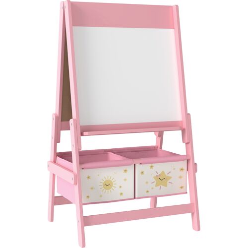 AIYAPLAY Kinder Staffelei 3 in 1 Kindertafel Standtafel mit Kreidetafel, Whiteboard, Papierrolle, 2 Aufbewahrungsboxen, Spiel-Tafel mit Stern- und Sonnenmotiv, für Kinder 3-8 Jahre Rosa Aosom