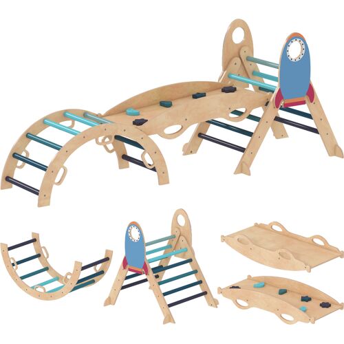 AIYAPLAY 8-in-1 Montessori Kletterdreieck, Holz-Klettergerüst, Raketen-Motiv, mit Bogen und Rampe zum Rutschen oder Klettern, für Kinder 18-48 Monate, Indoor, Blau Aosom